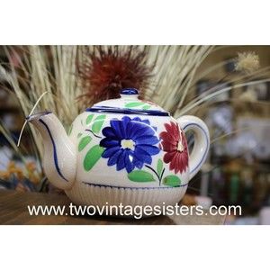 Ceramic Almond Red Blue Floral Teapot Vintage Japan